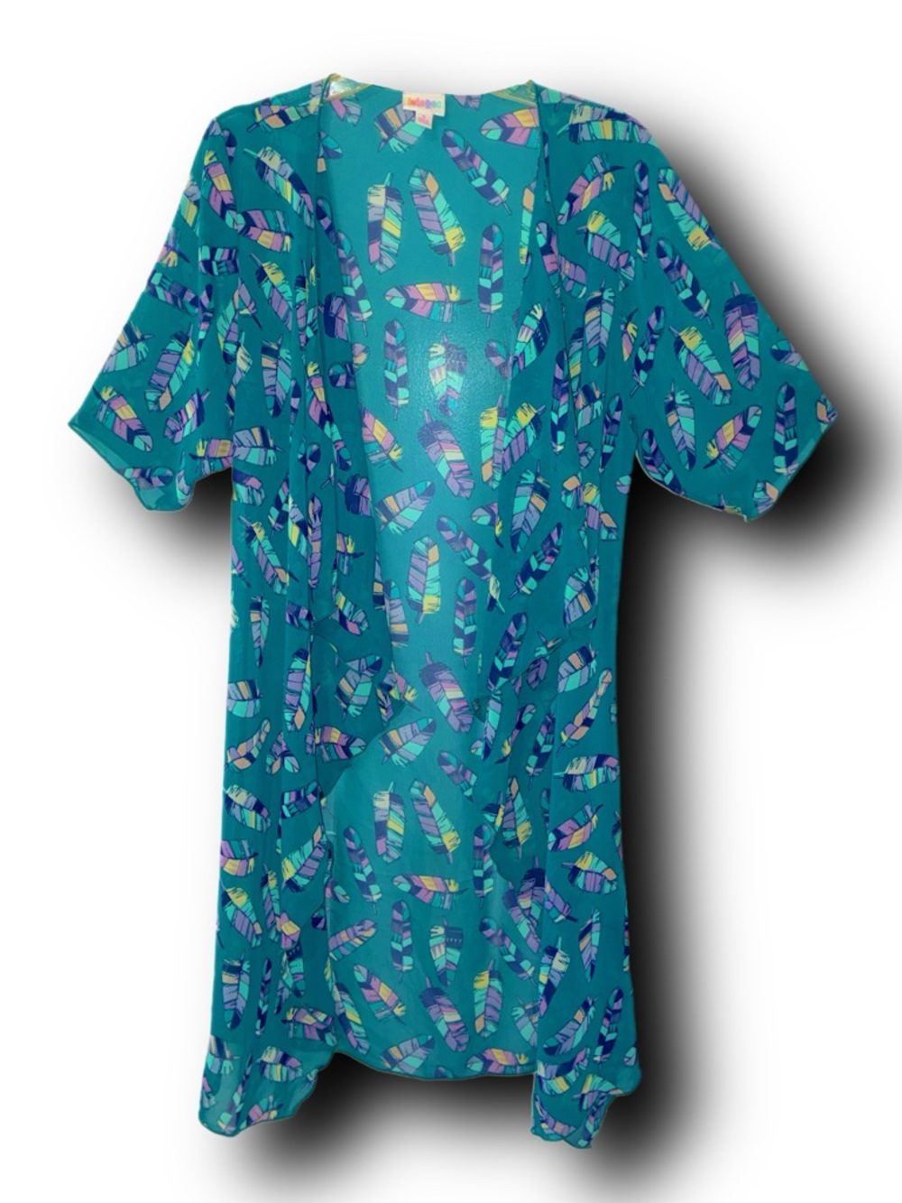 Boho Teal Feather Print Open Front Kimono Swimsuit Cover-Up Hippie Beach Summer
